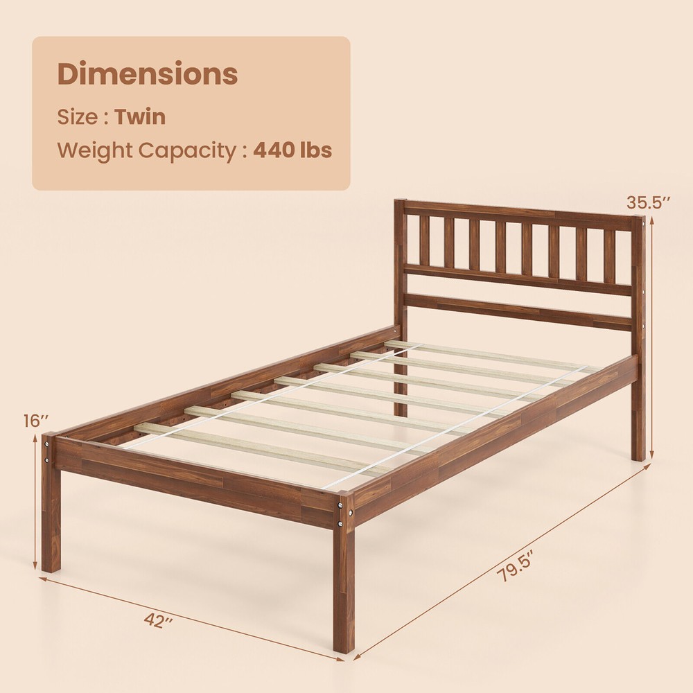 Twin Platform Bed with Headboard Solid Wood Leg Mattress Foundation Walnut