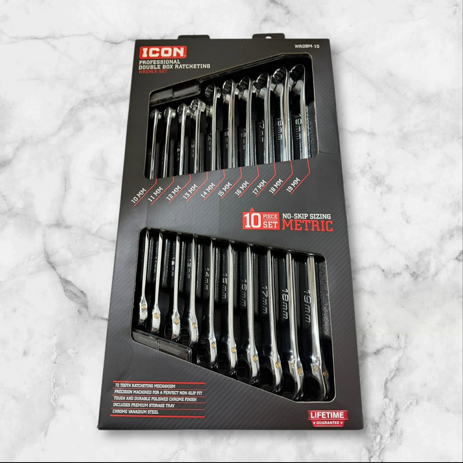 Icon WRDBM-10 Metric Double Box Ratcheting Wrench 56653 (10 Pc) NEW SHIPPING