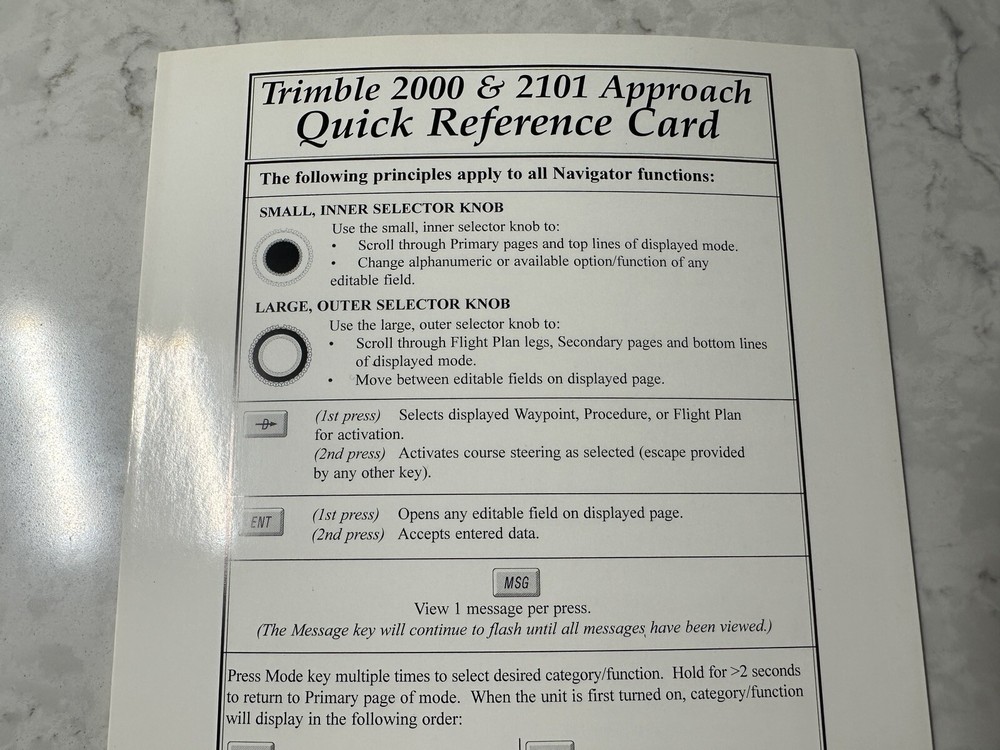 Trimble 2000 & 2101 Approach Quick Reference Card