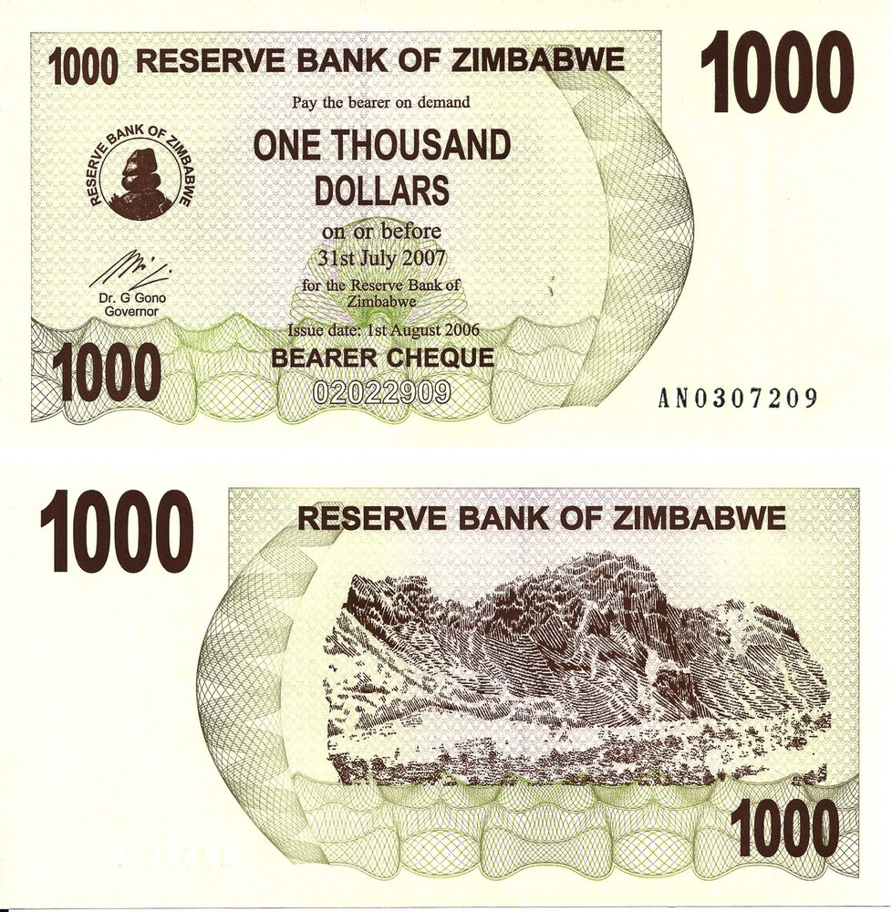 ZIMBABWE 1000 DOLLAR 2007 P 44 UNC
