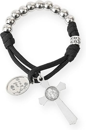 One Decade Black Paracord Rosary Silver Beads Pocket Rosary