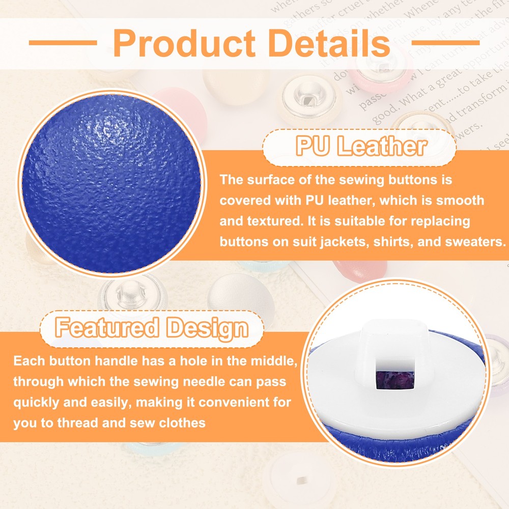10pcs PU Leather Covered Button 15mm Plastic Shank Round Button, Blue