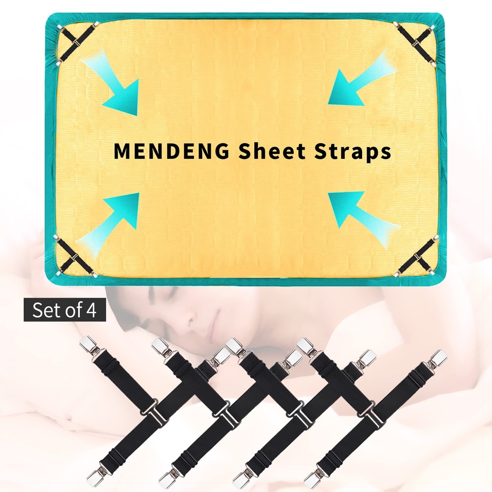 Sheet Straps Bed Clips Suspender Grips Adjustable Fasteners 4-Pack Black