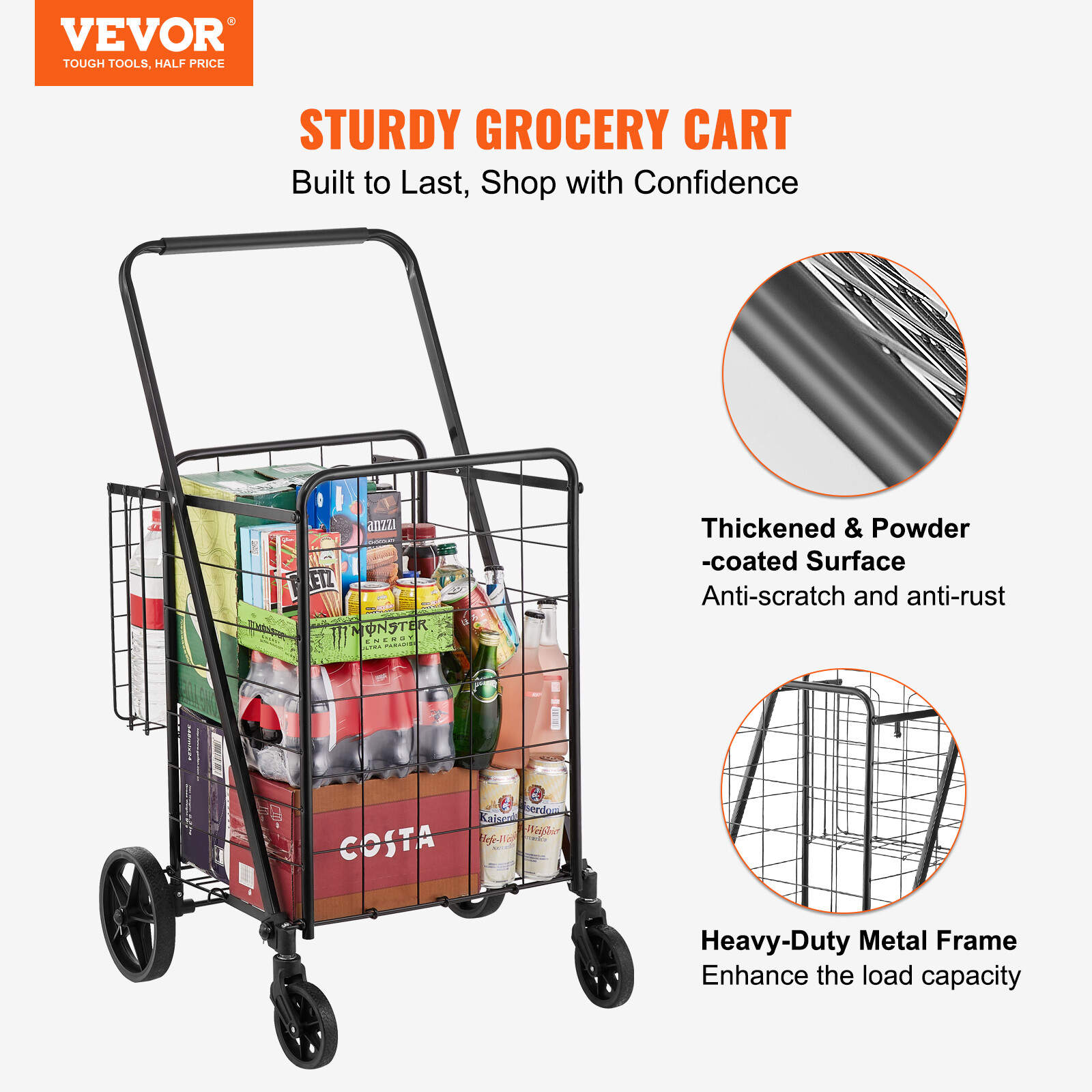 VEVOR Folding Shopping Cart Rolling Grocery Cart with Double Baskets 110 LBS