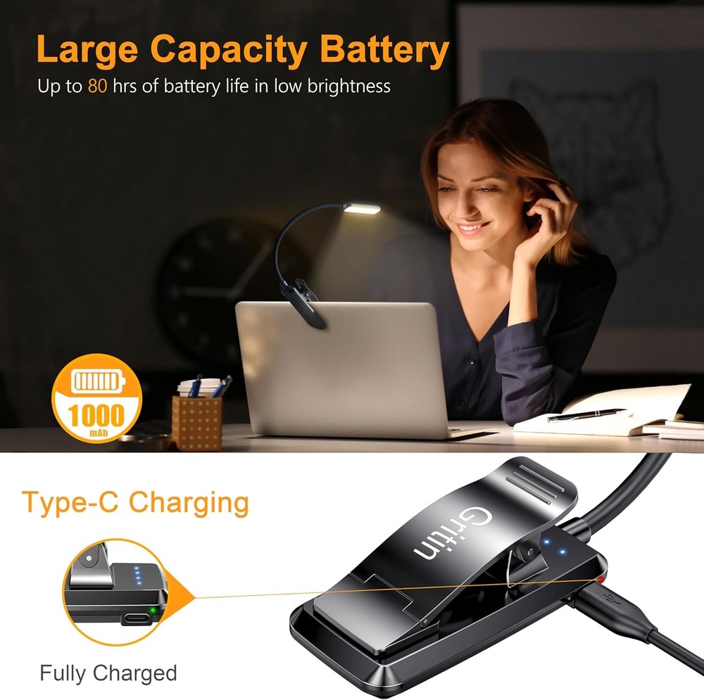 USB Rechargeable Clip‑On LED Reading Light Adjustable 3 Modes & Flexible Neck