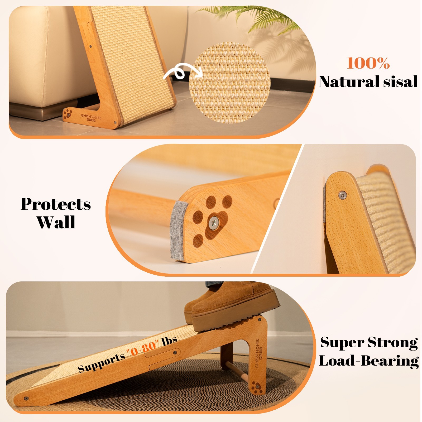 Sisal Cat Scratcher Ramp, 24.8" Solid Wooden Cats L-Shape Scratching Post