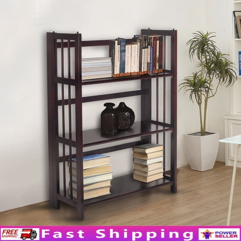 3 Tier Folding Stackable Bookshelf Solid Wood Storage Shelf Easy Setup Durable