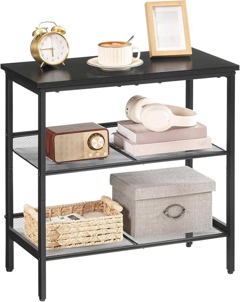 Black Side Table 3-Tier Metal Side Table Small Black Table W/ 2 Flat/Slant