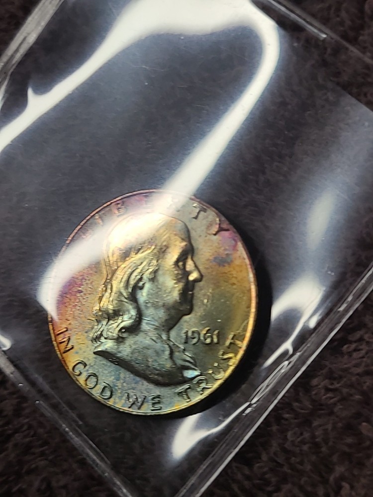 1961-D Rainbow Toned Franklin Half Dollar