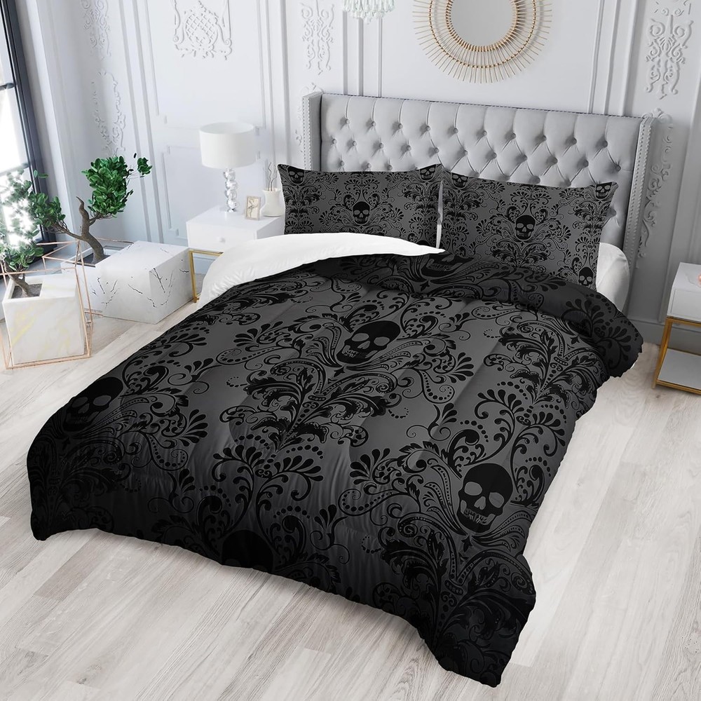 Skull Bedding Set Queen Size,Goth Bedding Sets Queen with Comforter,Skull Comfor