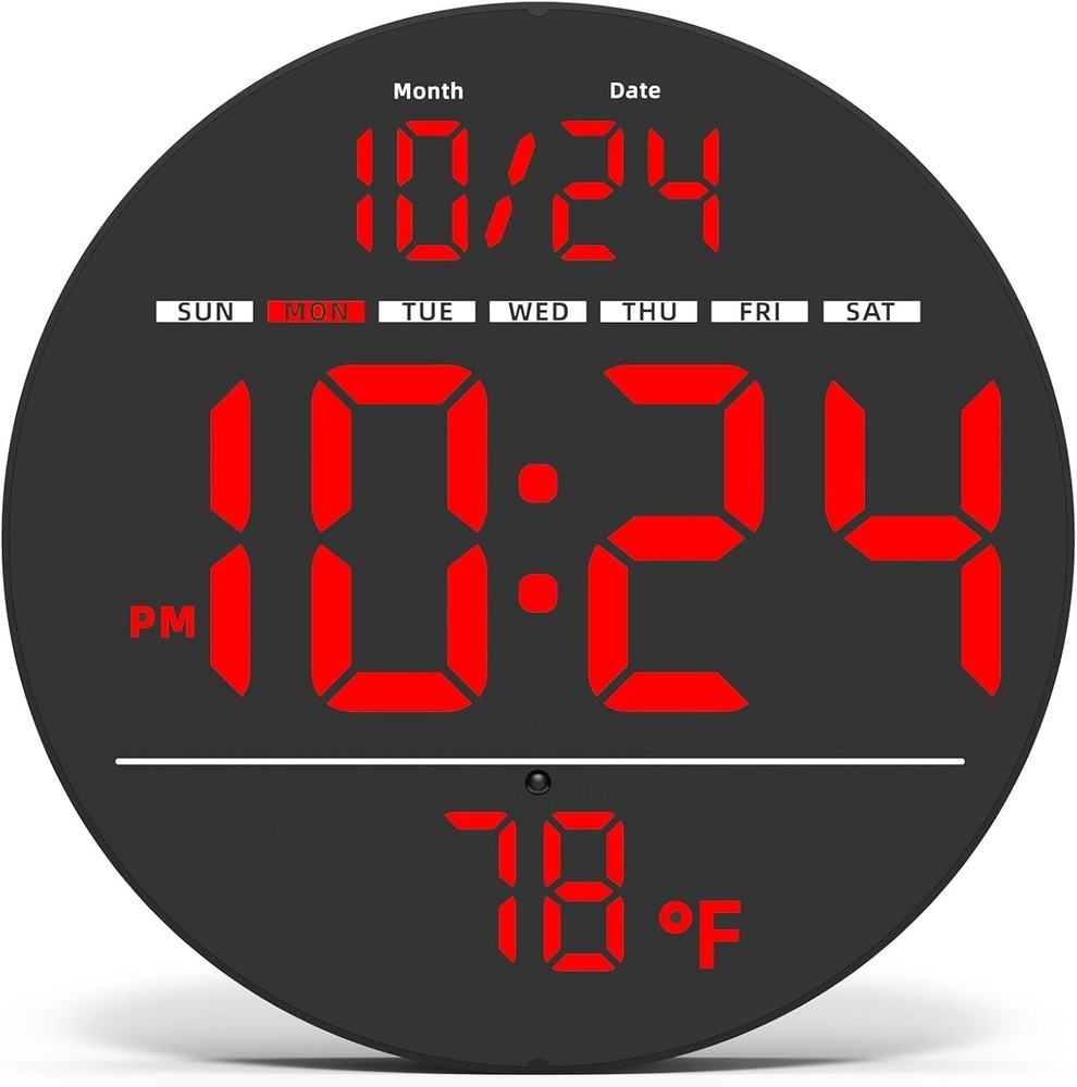 Digital Wall Clock with Large LED Display, Date, Temperature, Auto-Brightness