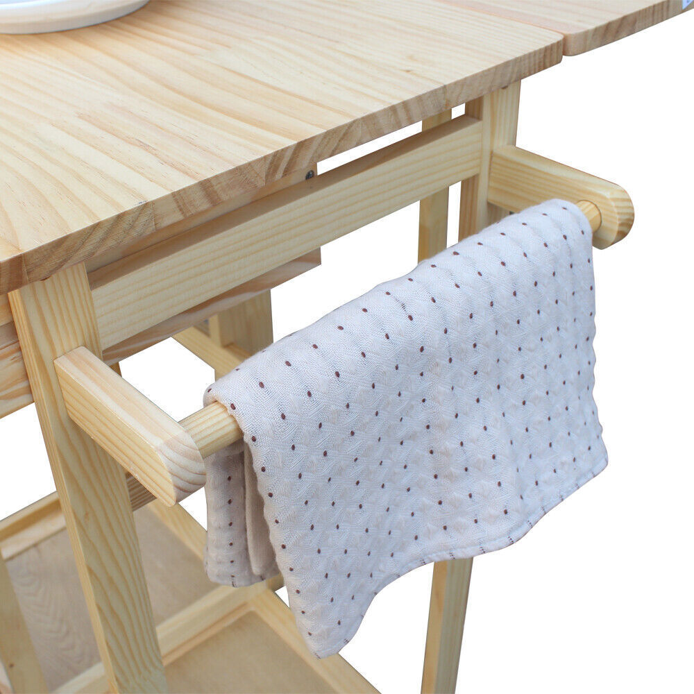 Kitchen Square Solid Wood Folding Rolling Dining Cart with 2 Free Stools Natural