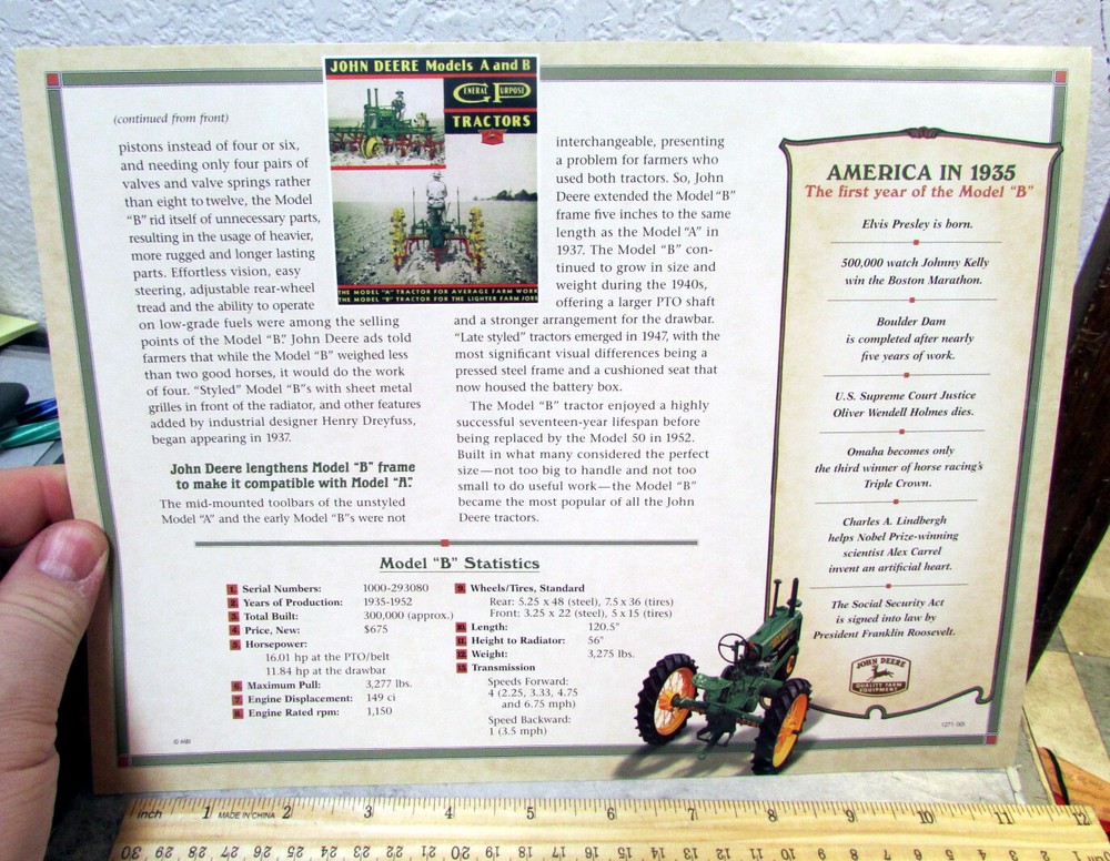 John Deere Model B large Patch & information sheet, nice collectible set