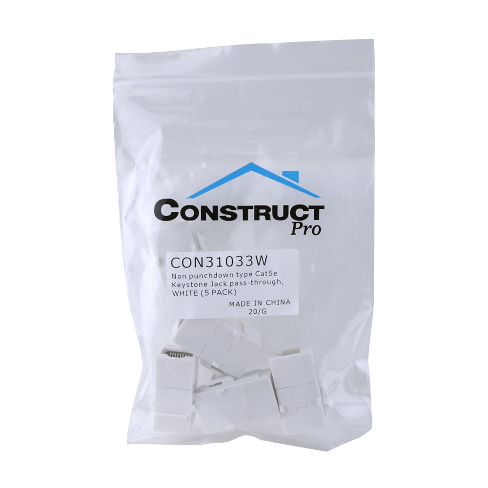 Construct Pro Cat5e Keystone Pass-Through Coupler Jack Insert (White, 5-Pack)