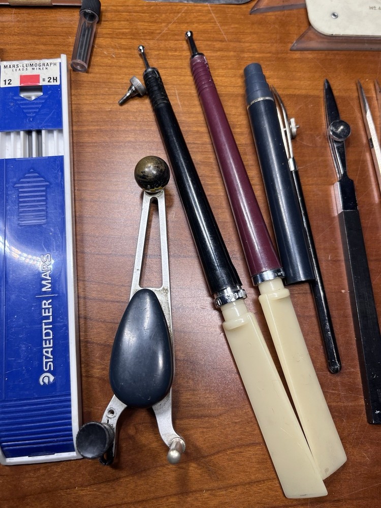 Vintage Drafting Tools Lot K+E Leroy + Tacril Protractor Set Square + Compasses