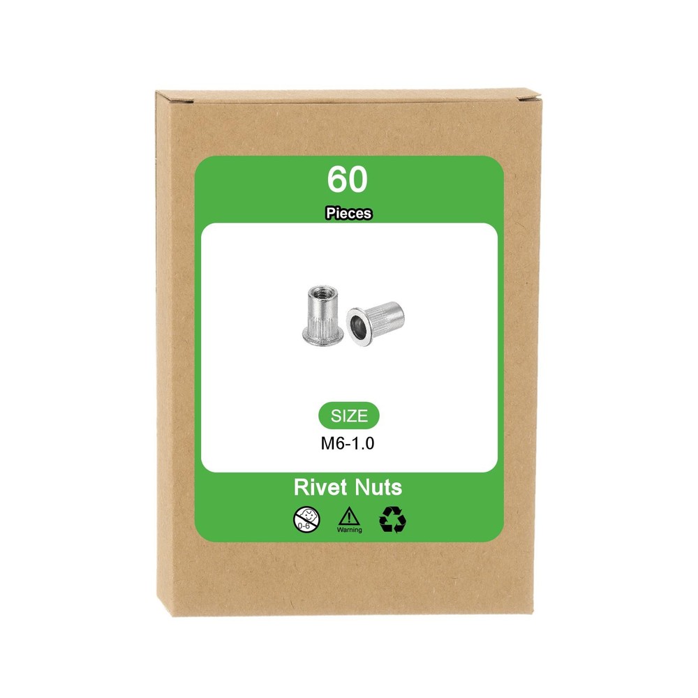 60Pcs Rivet Nuts Flat Head, M6 Stainless Steel 304 Thread