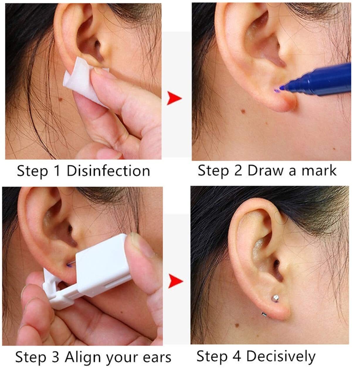 4× Ear Piercing Disposable Kit Silver Stud Earring Gun DIY Home Self Ear Sets US