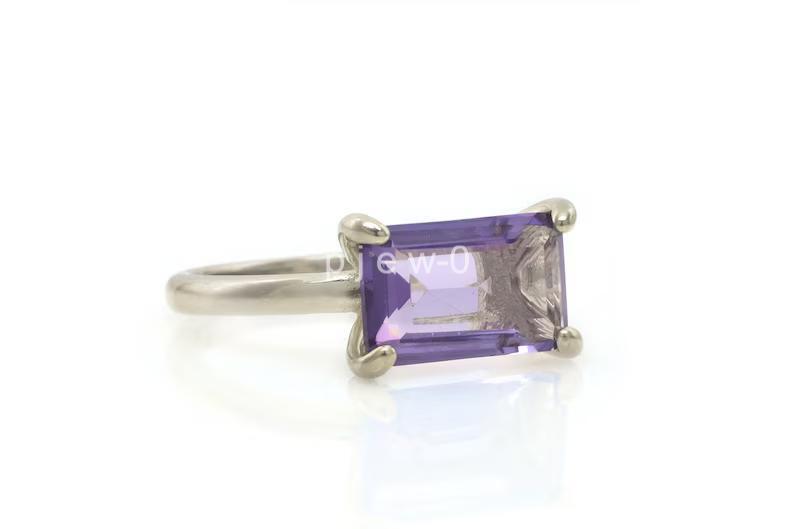 Purple Amethyst ring, Emerald Cut Silver Ring, Gemstone Ring Stackable Ring V5
