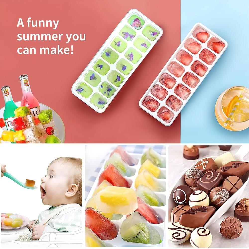 4 Pack Silicone Ice Cube Trays with Removable Lid Easy-Release Flexible 14-cube