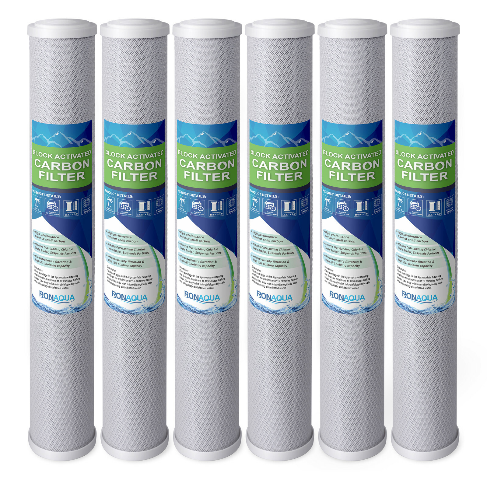 20" x 2.5" Block Carbon Water Filter 5 Micron Whole House Cartridges Set of 6