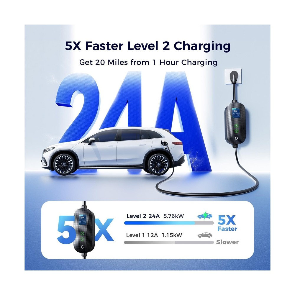Carbon Fiber Level 2 EV Charger, 24A Adjustable Current/Timer/Smart Display, ...