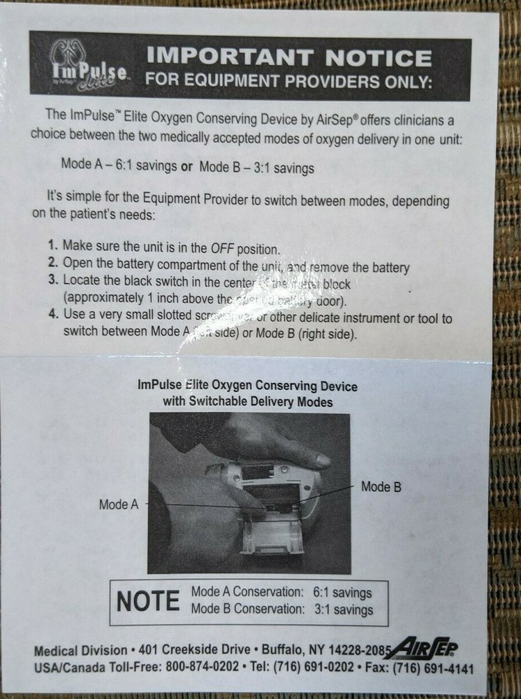 Oxygen Info Card for ImPluse Elite OCD System Oxygen Conserver by AirSep