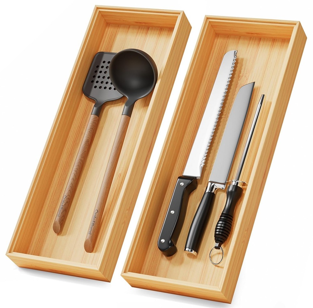 Long Bamboo Kitchen Drawer Organizer Boxes – 17" x 6" Stackable Wood Silve