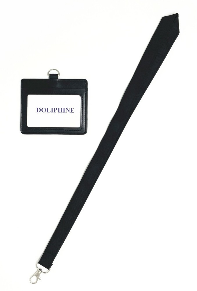 Polyester Fabric Solid Neck Lanyard with horizontal leather ID badge holder