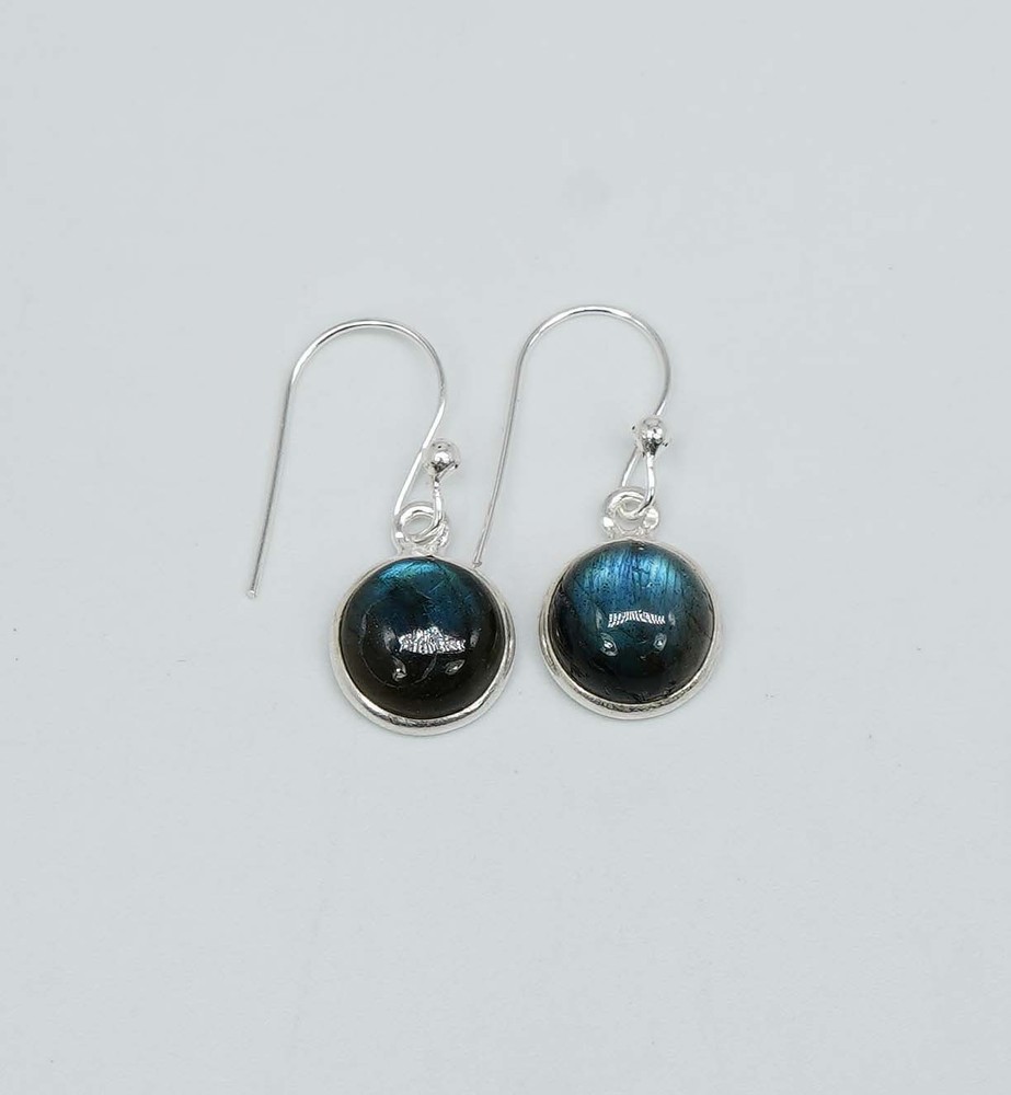 925 Solid Sterling Silver Labradorite Round Shape Hook Earring - 1.2 Inch