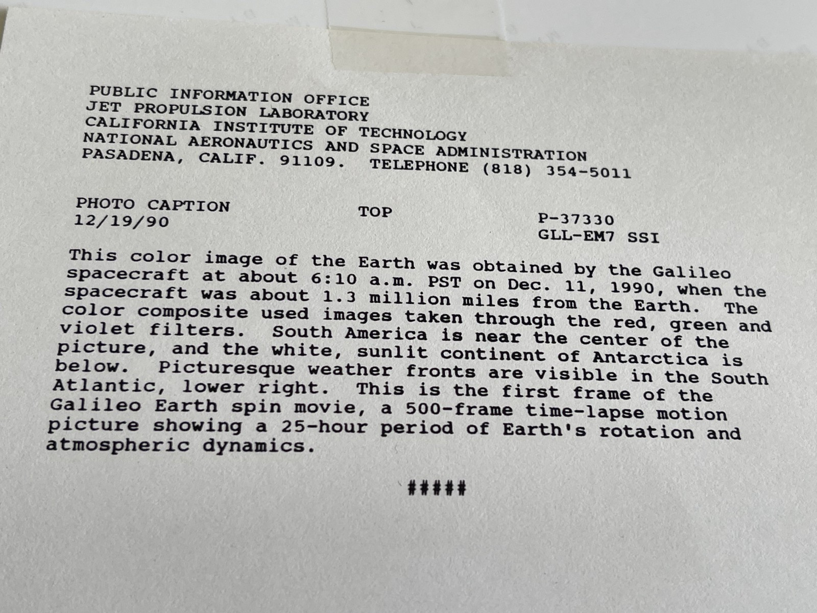 VINTAGE SPACE NASA PHOTO EARTH TAKEN BY GALILEO JPL KODAK PAPER