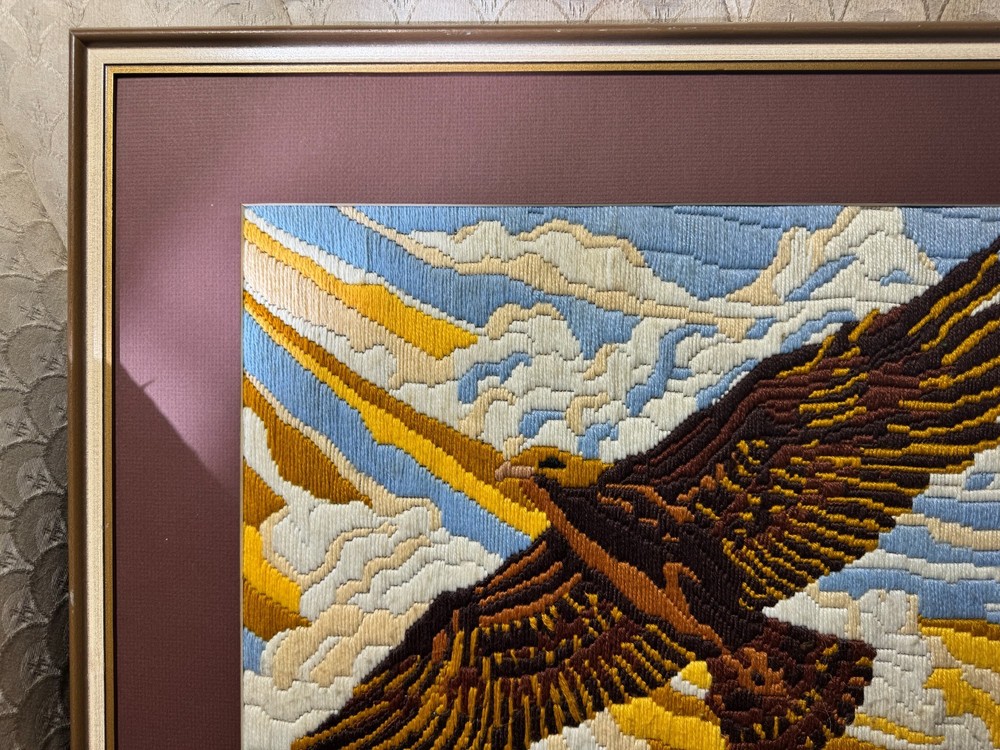 Large Vintage Needlepoint "An Eagle In Flight" - Framed