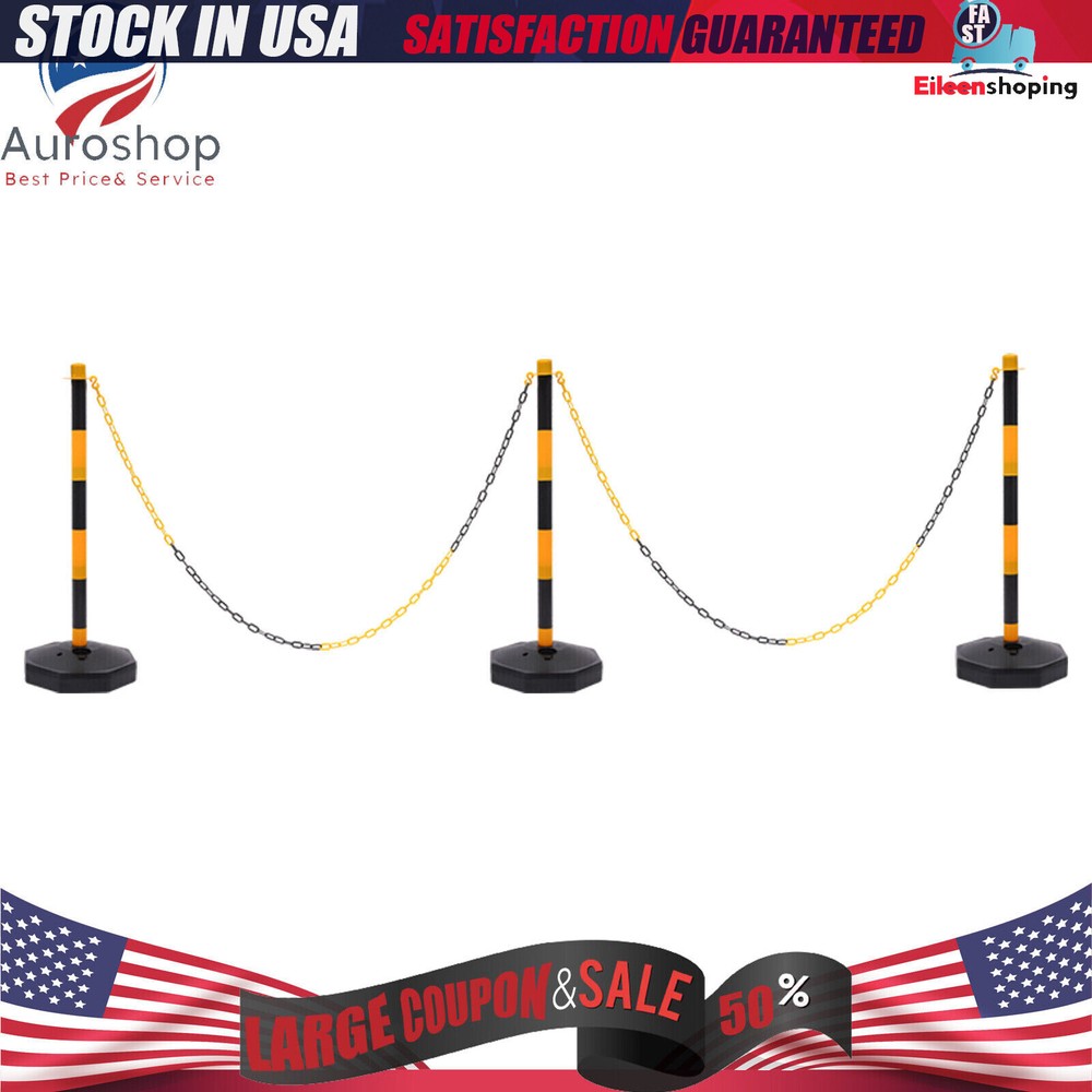 6 Pack Traffic Cones Adjustable Delineator Post Portable Parking Pole W/ Chains