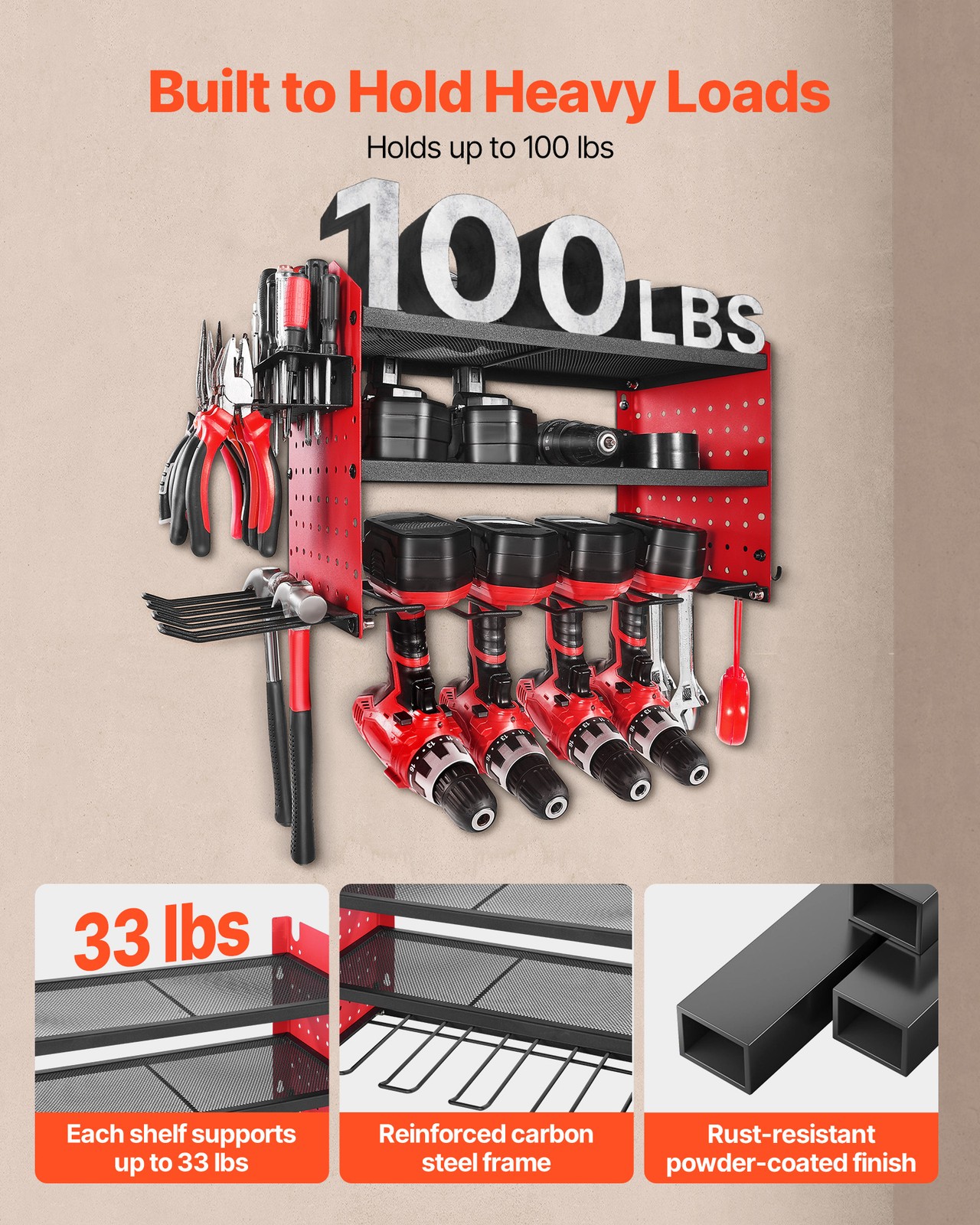 VEVOR Power Tool Organizer Wall Mount 3-Layer Drill Storage Rack 4 Drill Holders