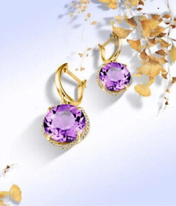 5Ct Round Cut Amethyst Diamond Drop/Dangle Earring Solid 14K Yellow Gold Finish