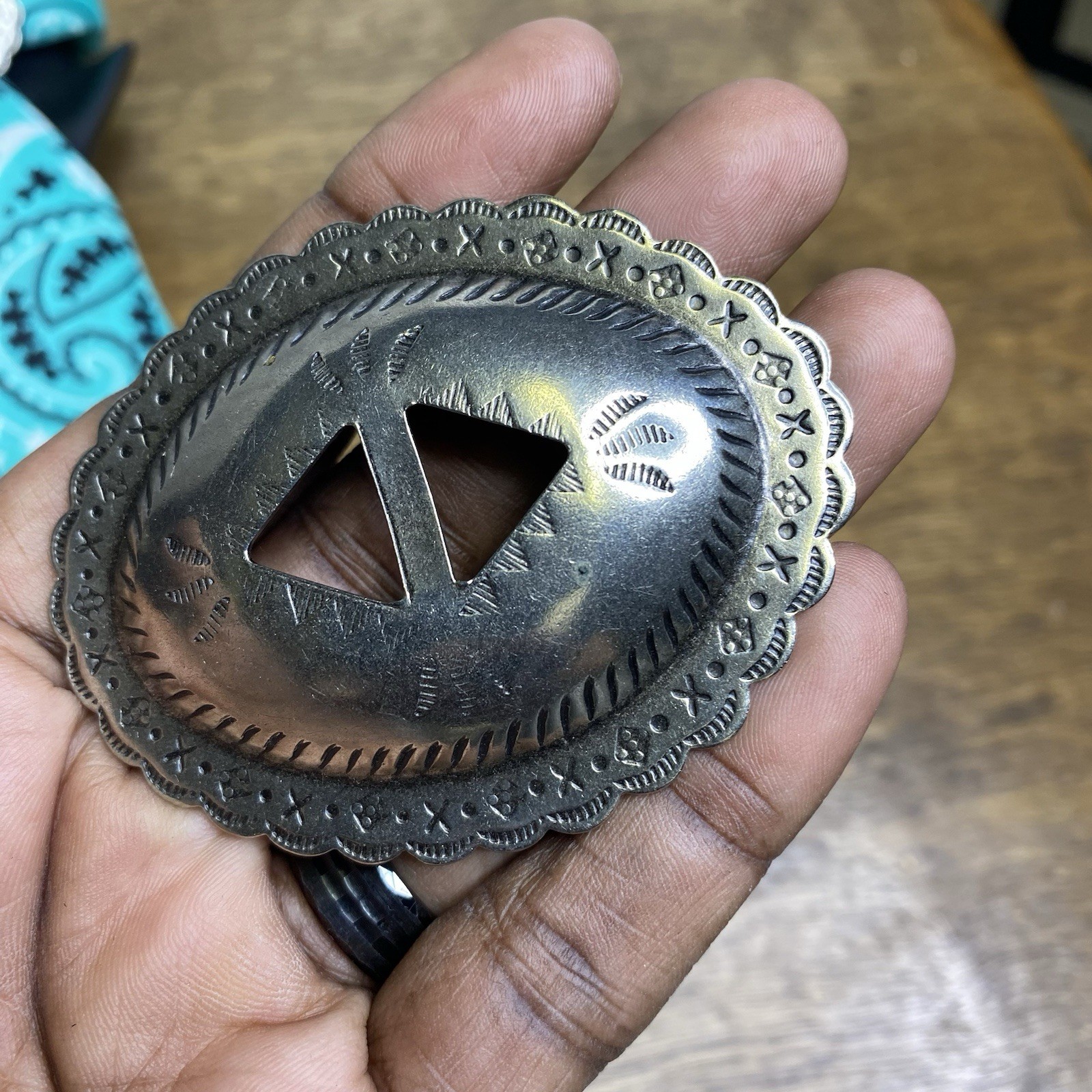 Concho Southwestern Antique Silver Engraved Oval Western Bolo Tie