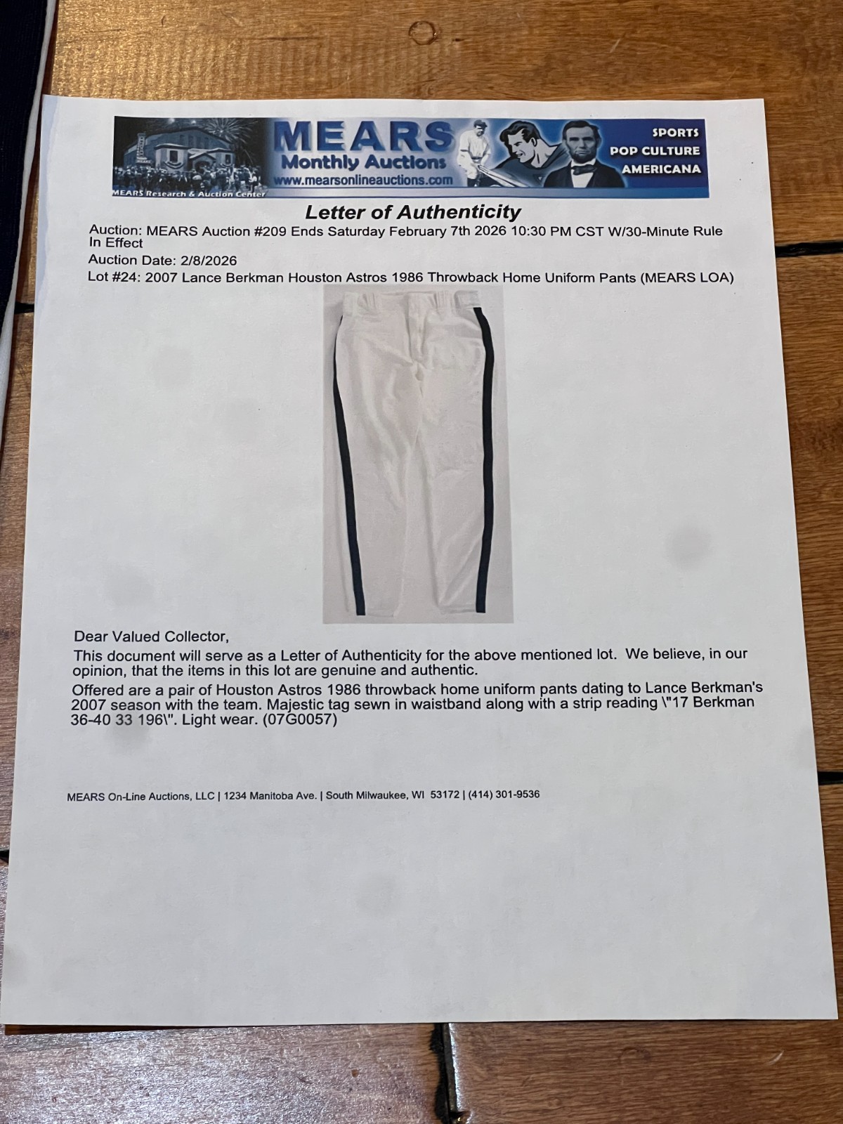 Lance Berkman's 2007 Houston Astros 1986 Throwback Home Uniform Pants GAME USED