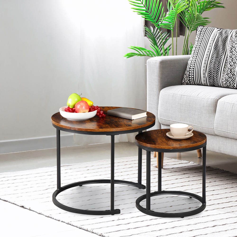 Set of 2 Nesting Coffee Table Round End Side Table for Small Spaces Rustic Brown