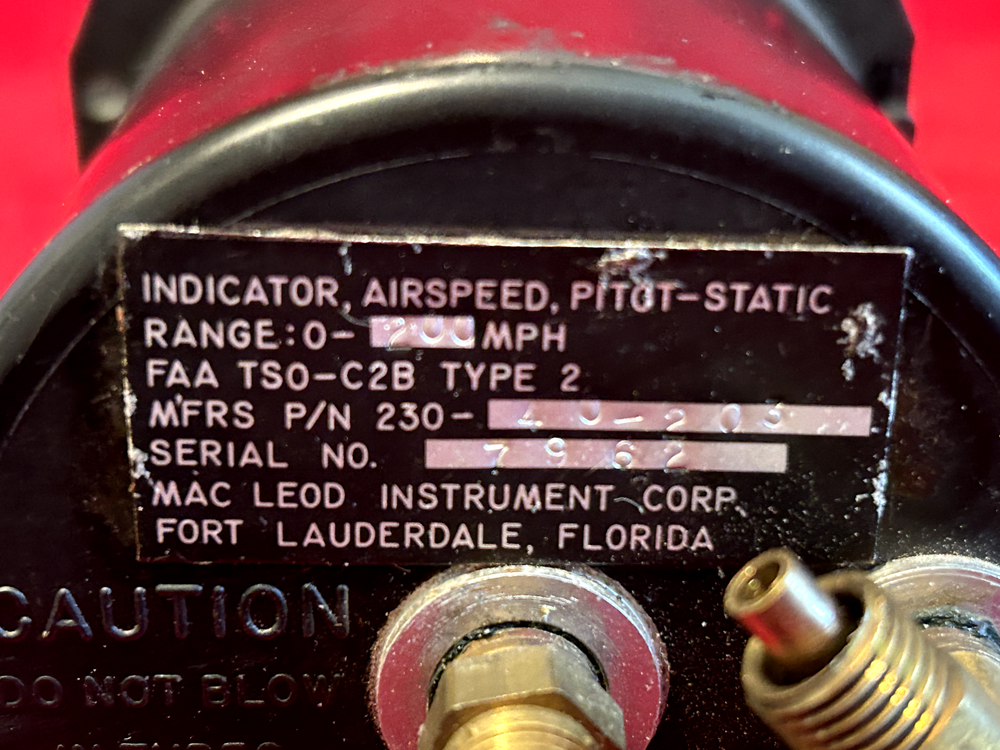 MAC LEOD PITOT STATIC AIRSPEED INDICATOR P/N 230-40-203 BEECHCRAFT