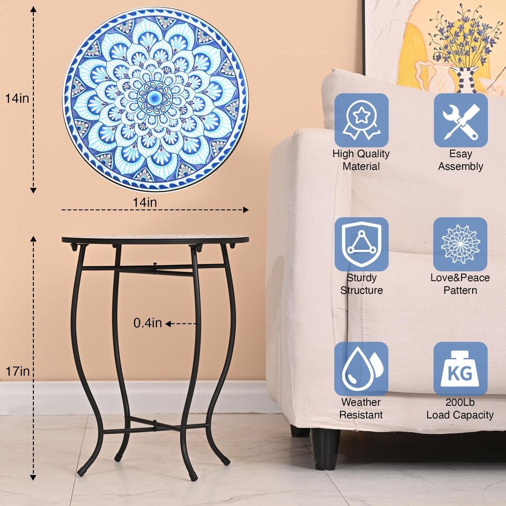 Round Side Table, Indoor Outdoor Small Side Table, Weather Resistant Black Me...