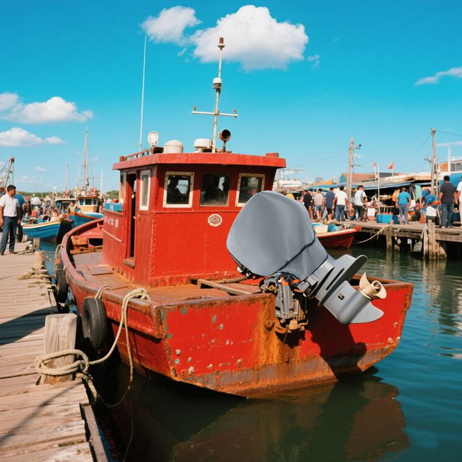 600D Heavy Duty Waterproof Outboard Motor Cover,Boat Engine Hood For 225-300 HP