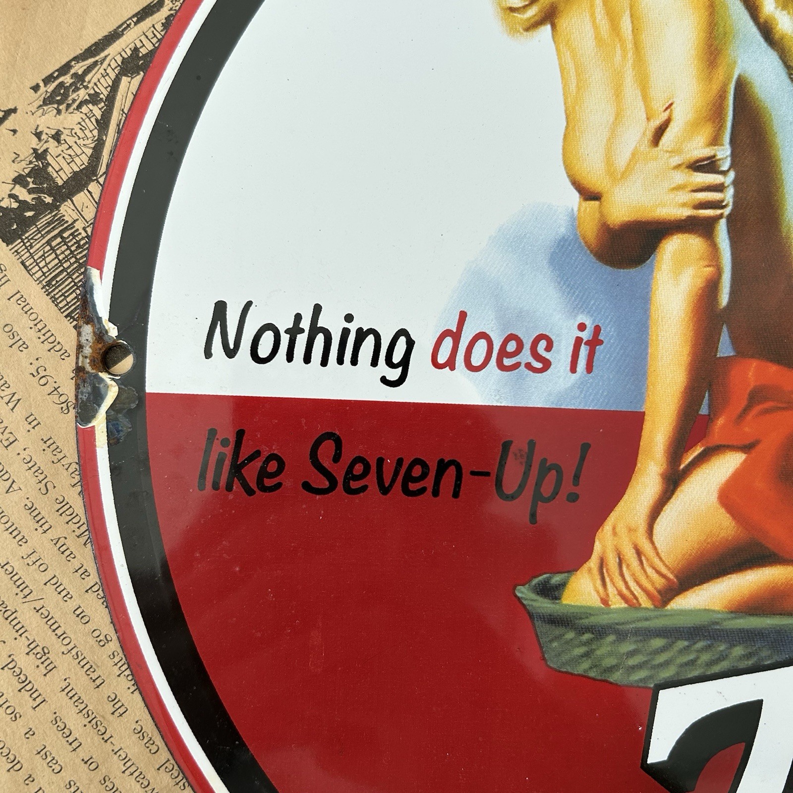 Vintage 7UP Soda Pin-Up Advertisement 12-Inch Porcelain Sign