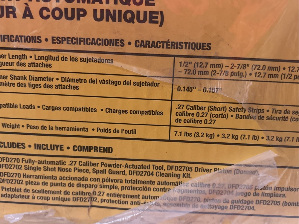 DeWalt Tool Powder-Actuated Fully Automatic .27 Caliber DFD270SK New