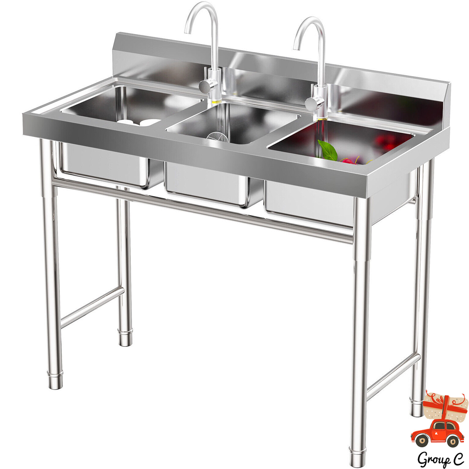 Commercial Stainless Steel 3-Compartment Sink for Kitchen & Catering Use