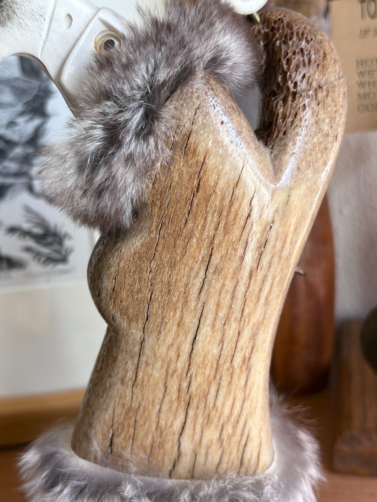 Vukson Signed Handmade Moose Antler?, Fur + Stone Inuit Eskimo Eagle Sculpture