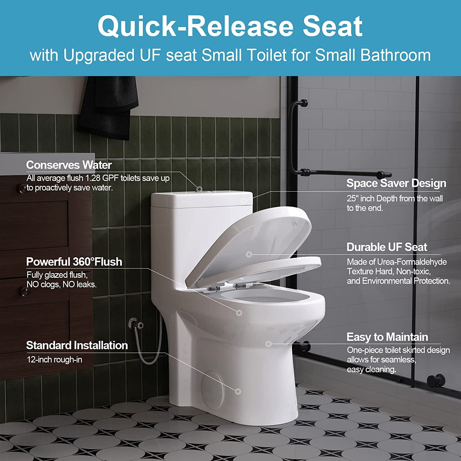 HOROW Small Compact One Piece Toilet with Soft Closing & UF Seat 12'' Rough-In