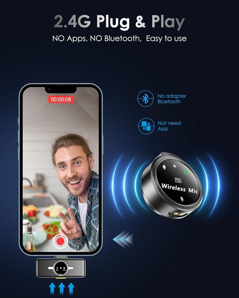2.4GHz Noise-Canceling Wireless Mic for iPhone & Android - Instant Setup & Use