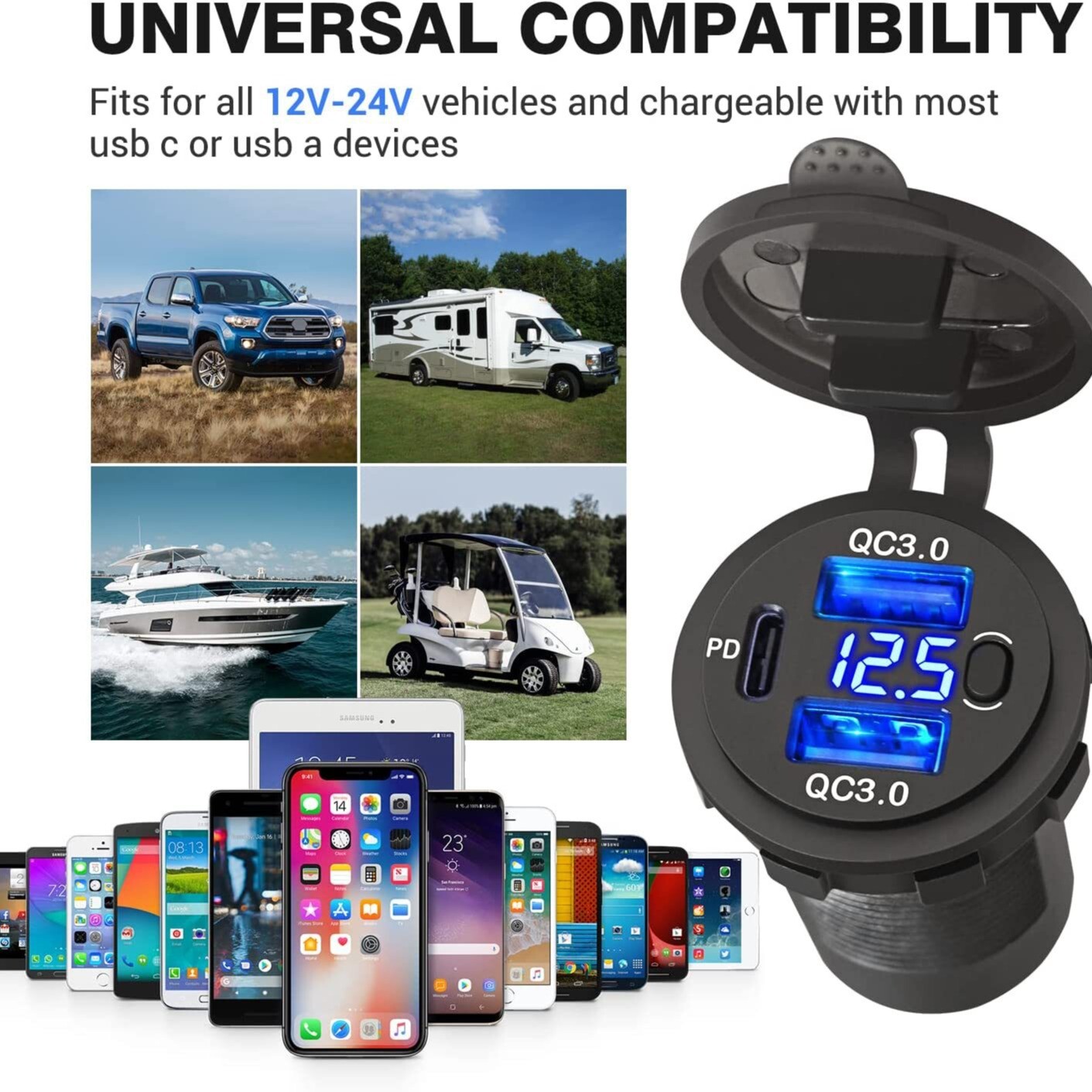 12V-24V PD + QC3.0 Dual USB Car Fast Charger Power Socket Outlet LED Voltmeter