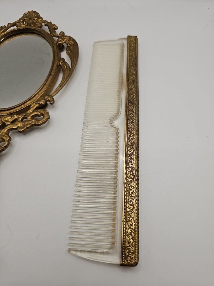 Old Brass Oval Shape Engraved Handcrafted Vanity Cut Work Mirror + Comb