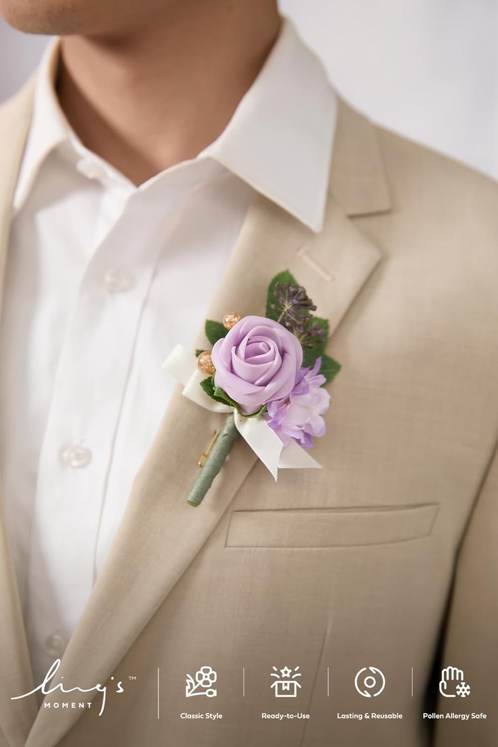 Ling's Moment Boutonniere for Men, 10pcs Groomsmen Guest Boutonniere, Lilac
