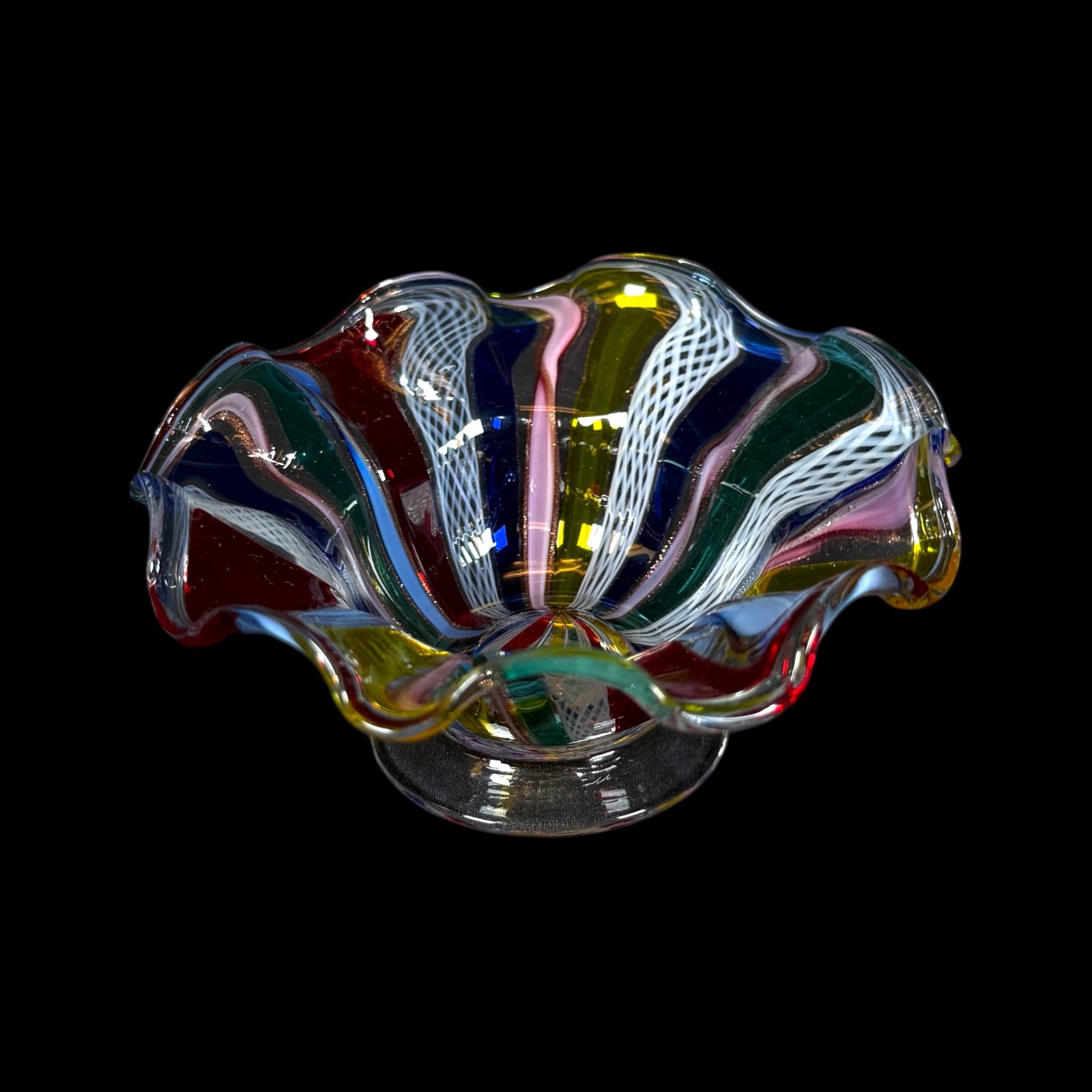 Vintage Venetian Murano Italian Art Glass Latticino Multicolored Bowl